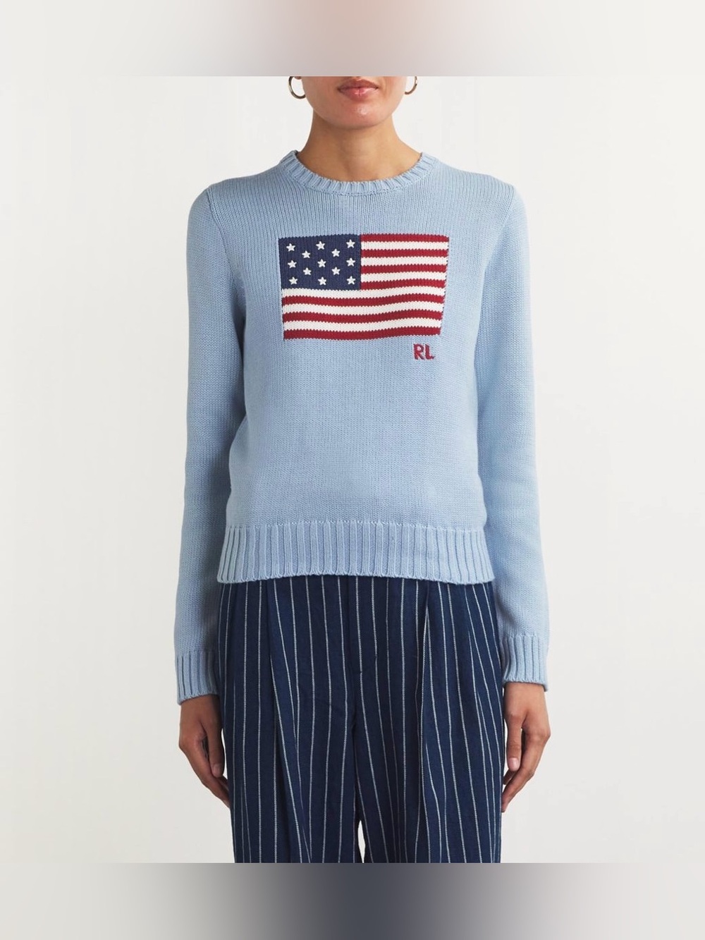 RALPH LAUREN INTARSIA KNIT FLAG SWEATER IN BABY BLUE